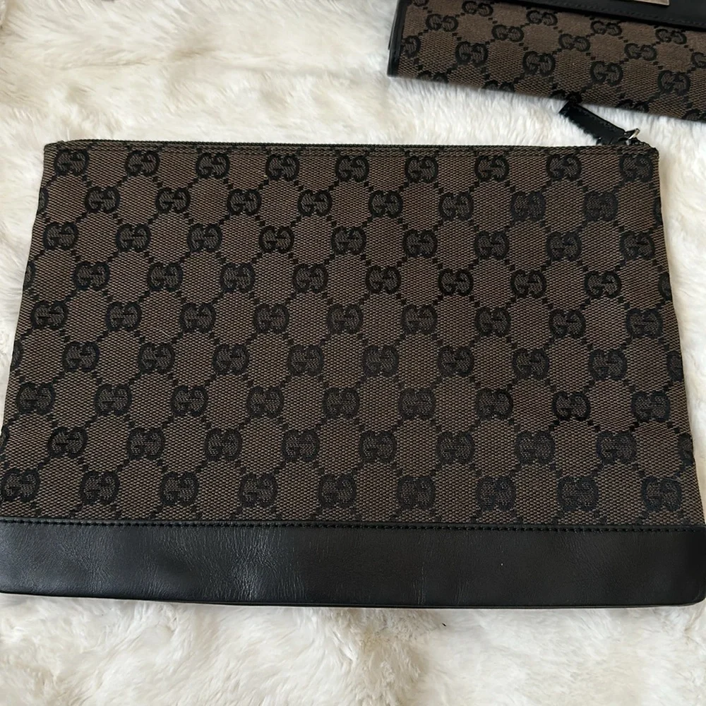 GUCCI 🖤🤎Black/Brown GG Canvas & Leather Flap wallet & Cosmetic pouch like NEW - Picture 6 of 10